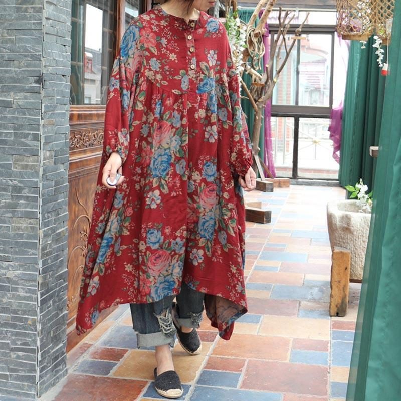 Bedrucktes Baumwollkleid Im Ethnischen Stil Mit Langen Ärmeln