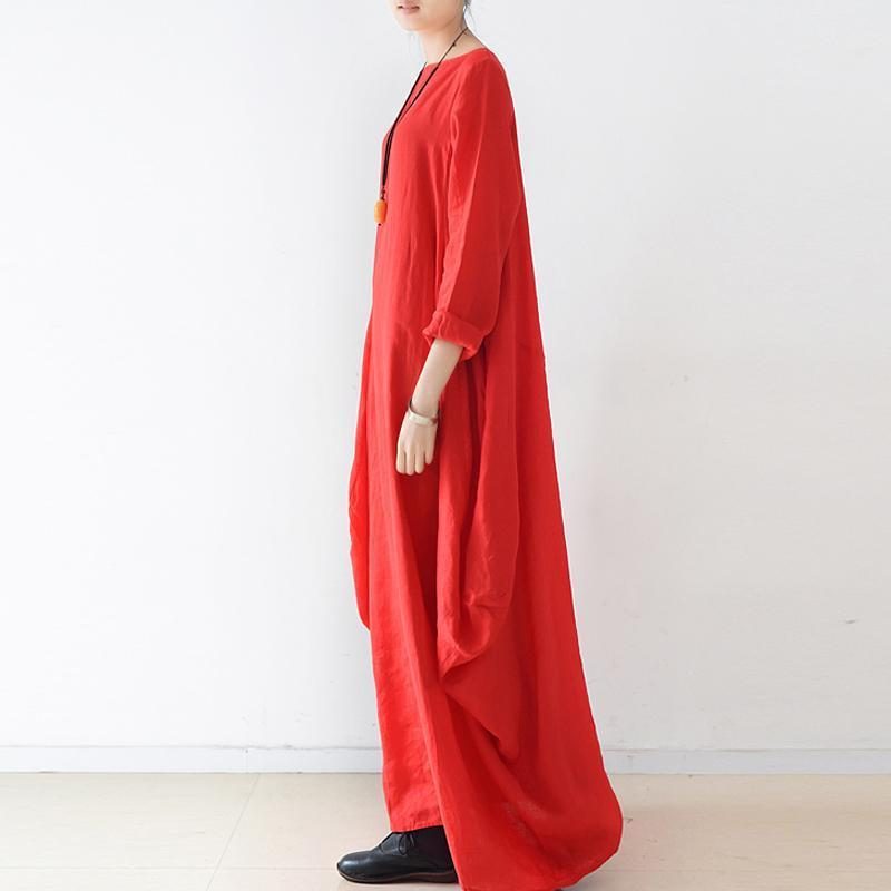 Damen Solid Cocoon Casual Loose Leinen Maxi Langarm Kleid