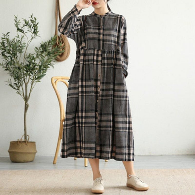 Einreihiges Kariertes Leinenkleid