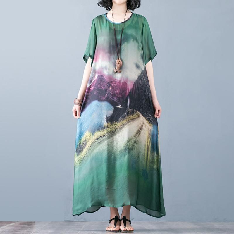 Elegantes Lässiges A-linien-kurzarmkleid Mit Landschaftsdruck