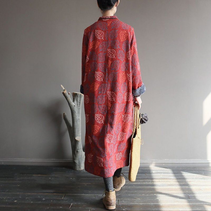 Fleecekleid Mit Blattdruck Und Stehkragen