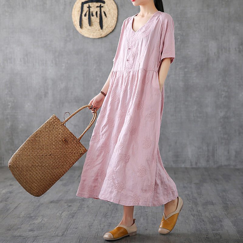 Frauen Sommer Vintage V-ausschnitt Stickerei Kurzarm Kleid