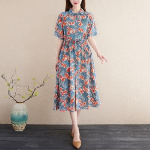 Frühling Sommer Blumenkleid Aus Baumwolle Und Leinen In Übergröße