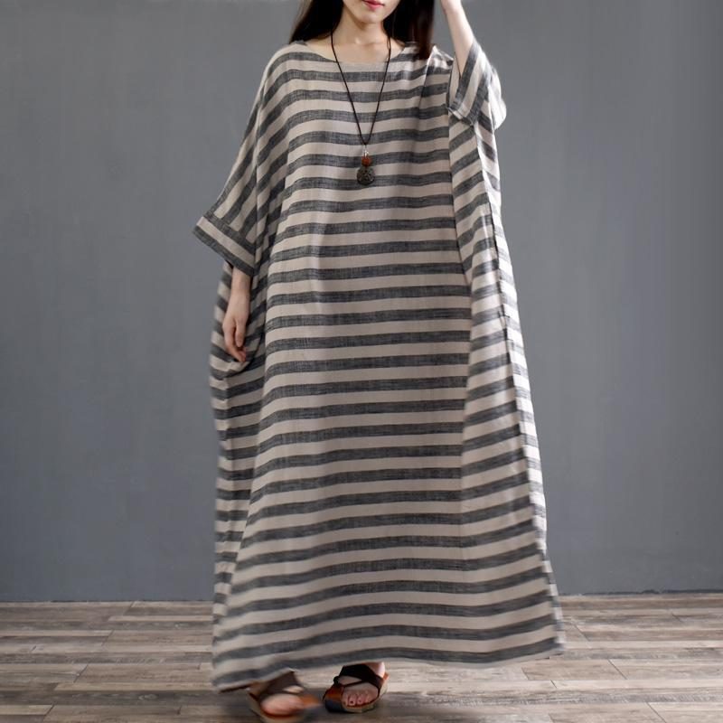 Frühlings-baumwoll-leinen Locker Gestreiftes Langärmliges Kleid