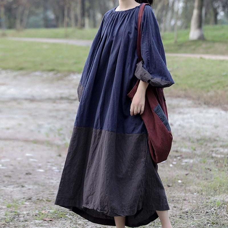 Frühlings-herbst-retro-patchwork-baumwoll-leinen-kleid In Übergröße