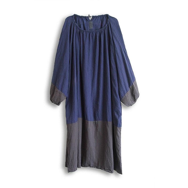 Frühlings-herbst-retro-patchwork-baumwoll-leinen-kleid In Übergröße