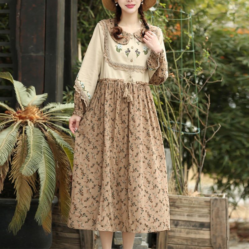 Frühlings-herbst-weinlese-blumenstickerei-baumwollleinen-kleid