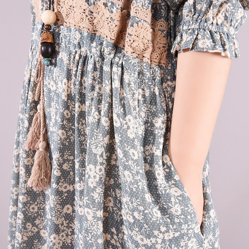 Frühlings-retro-blumen-beiläufiges Lockeres Langarm-baumwollkleid