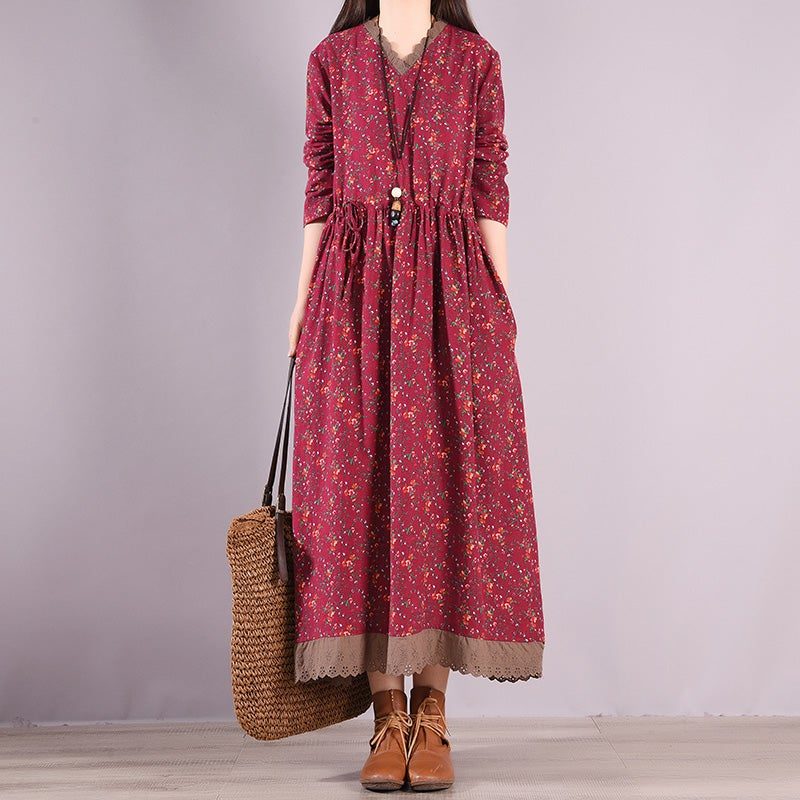 Frühlings-retro-blumendruck-rüschen-höhlen-baumwoll-leinen-kleid