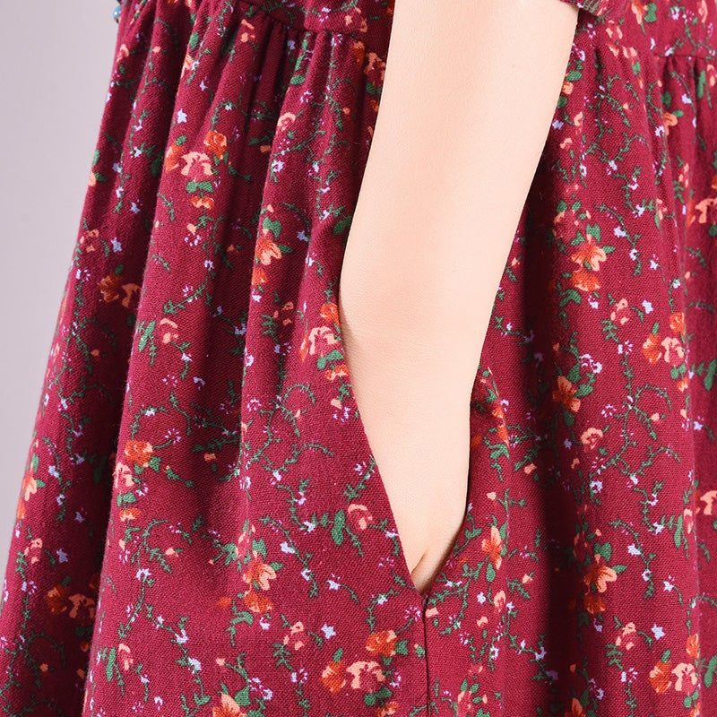 Frühlings-retro-blumendruck-rüschen-höhlen-baumwoll-leinen-kleid