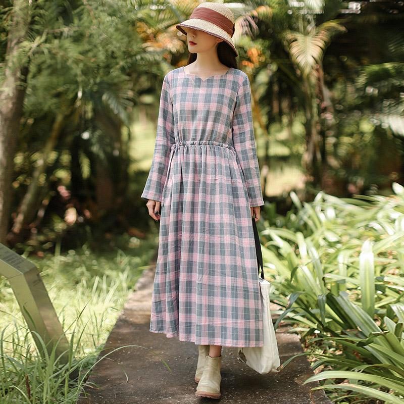 Frühlings Und Herbstkleid In A-linie Mit Plaid Und Langen Ärmeln Und Schnürung An Der Taille