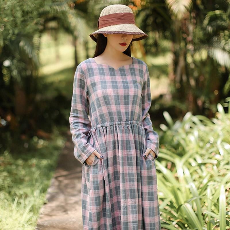 Frühlings Und Herbstkleid In A-linie Mit Plaid Und Langen Ärmeln Und Schnürung An Der Taille