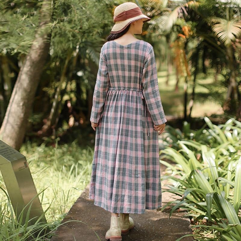 Frühlings Und Herbstkleid In A-linie Mit Plaid Und Langen Ärmeln Und Schnürung An Der Taille