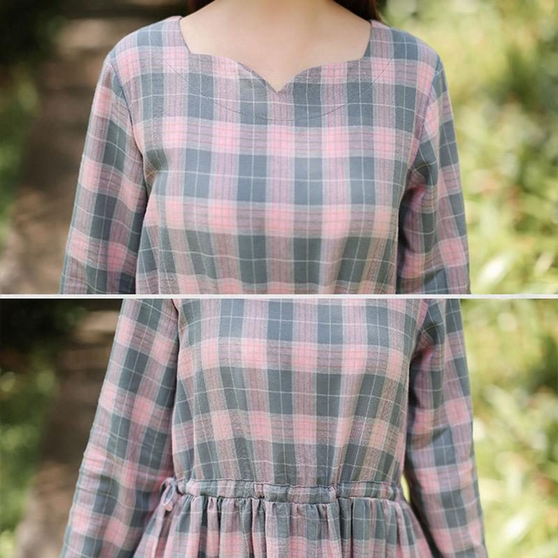 Frühlings Und Herbstkleid In A-linie Mit Plaid Und Langen Ärmeln Und Schnürung An Der Taille