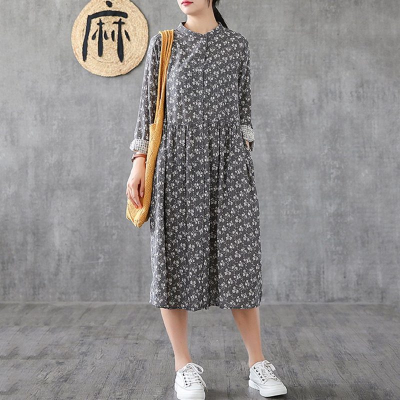 Geblümtes Midi-leinenkleid