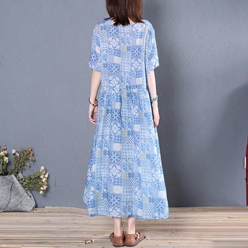 Gerafftes Bedrucktes Legeres Leinenkleid