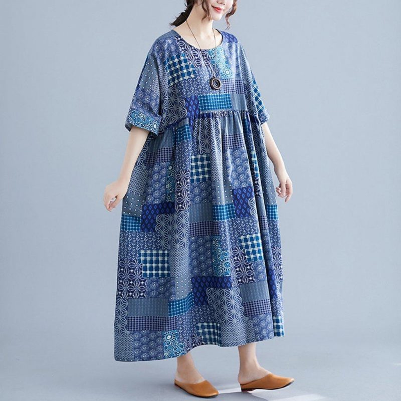 Großzügiges Lockeres Kleid Mit Retro-print
