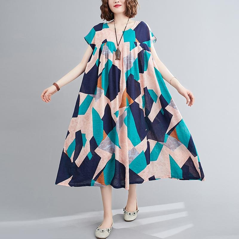 Kurzärmliges Kleid Aus Großformatigem Baumwollleinen Mit Rundhalsausschnitt