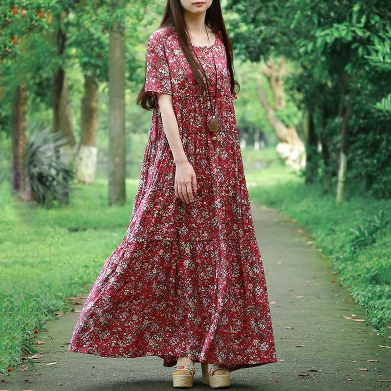 Kurzärmliges Maxikleid Mit Rundhalsausschnitt Und Knopfleiste Vorne Für Damen