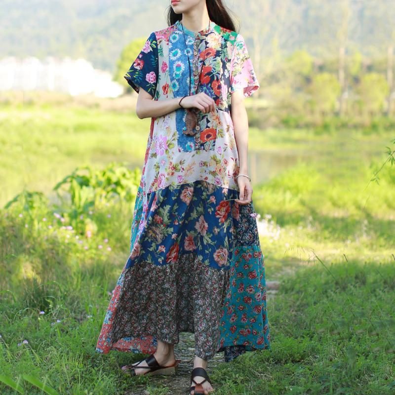 Kurzärmliges Maxikleid Mit Stehkragen Aus Bedruckter Baumwolle Mit Stehkragen