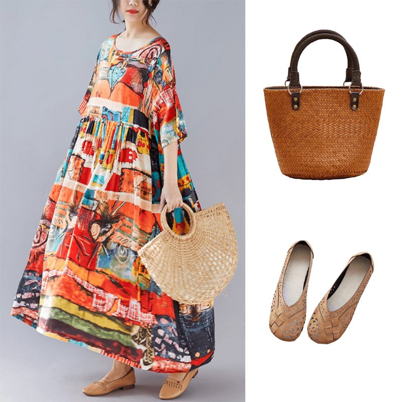 Kurzärmliges Sommerkleid Mit Abstraktem Muster Und Geraffter Taille