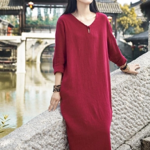 Langes Retro-kleid Aus Lockerem Baumwollleinen Mit V-ausschnitt