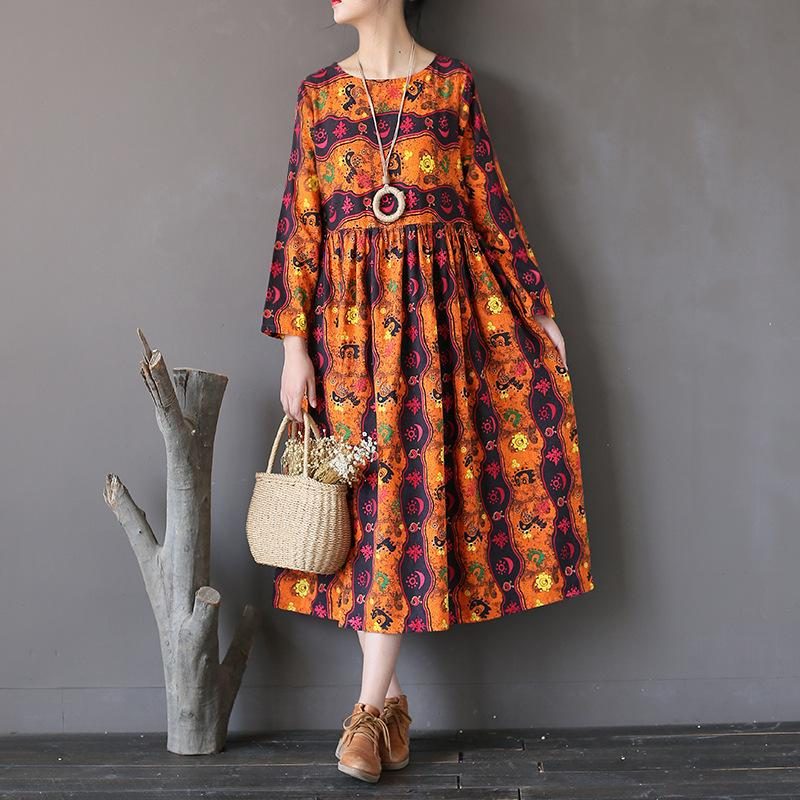 Lockeres Retro-baumwoll-leinen-kleid Mit Totem-print