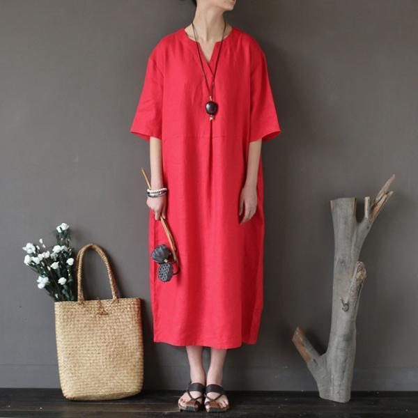 Loses Leinen Distressed Lässiges Rotes Kleid Für Frauen
