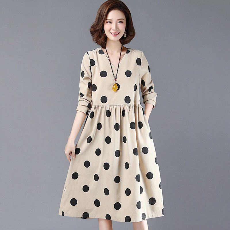 Polka Dots Lässiges Lockeres Gerafftes V-ausschnitt-kleid