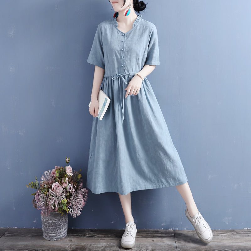 Sommer-baumwoll-leinen-solid-vintage-kleid Mit Rüschenkragen
