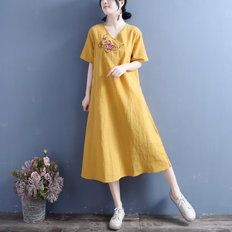 Sommer-vintage-stickerei-baumwoll-leinen-kleid