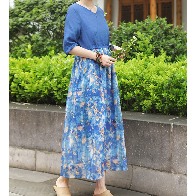 Sommerliches Retro-patchwork-leinenkleid Mit Blumendruck