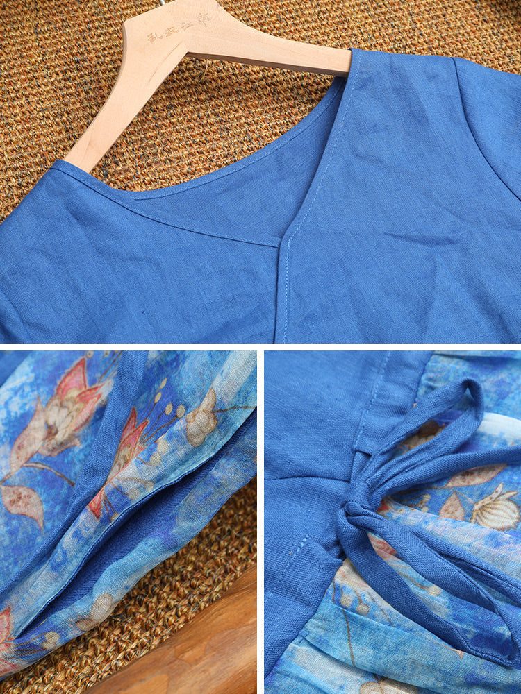 Sommerliches Retro-patchwork-leinenkleid Mit Blumendruck