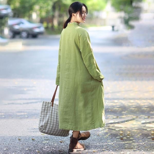 Stehkragen-langarm-ethnische Frauen-loses Beiläufiges Grünes Langes Kleid
