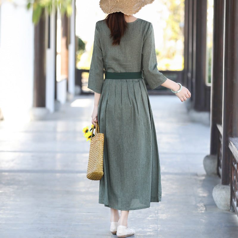 Vintage Elegant Casual Frühling Sommer Baumwoll-leinen-kleid