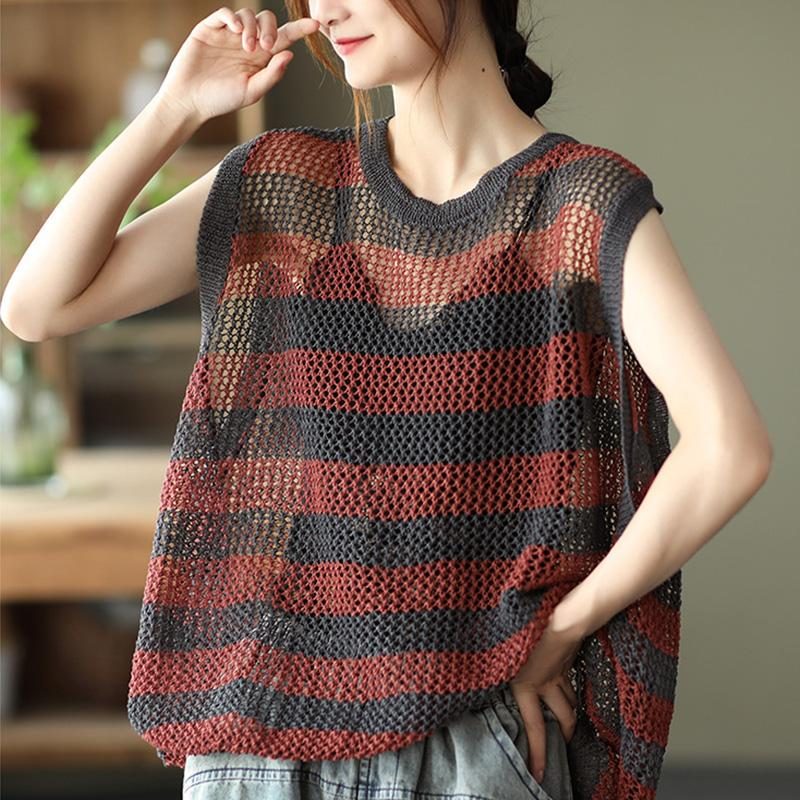 Frauen Retro Loose Hollow Cotton Leinen Strickweste