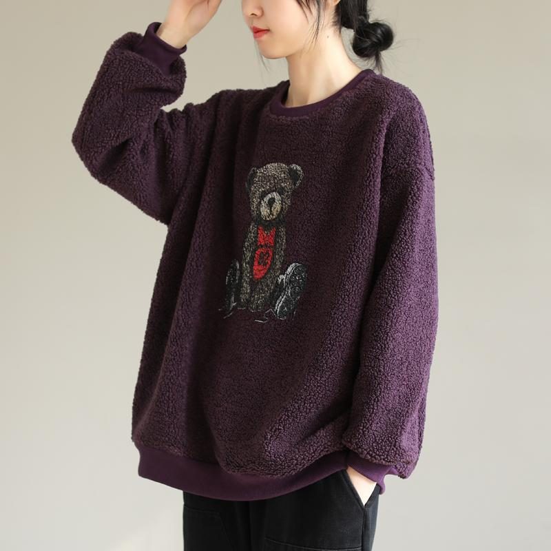 Bären-sweatshirt Aus Lammwolle Mit Rundhalsausschnitt Und Langen Ärmeln