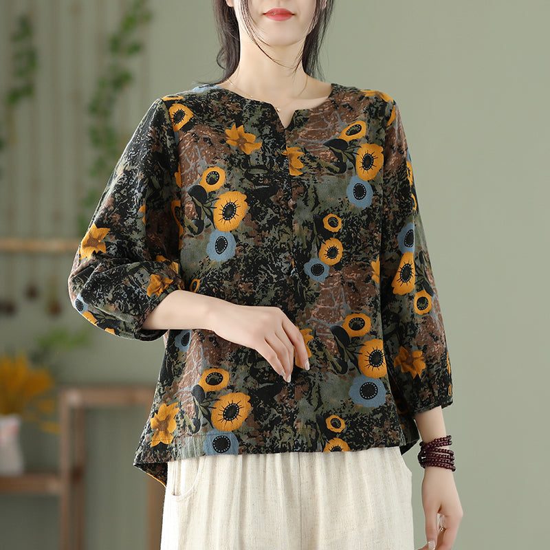 Damen Retro Frühling Sommer Lockeres Leinen T-shirt