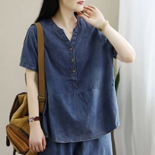 Frauen-sommer-art Und Weiseloses Tencel-baumwolldenim-t-shirt