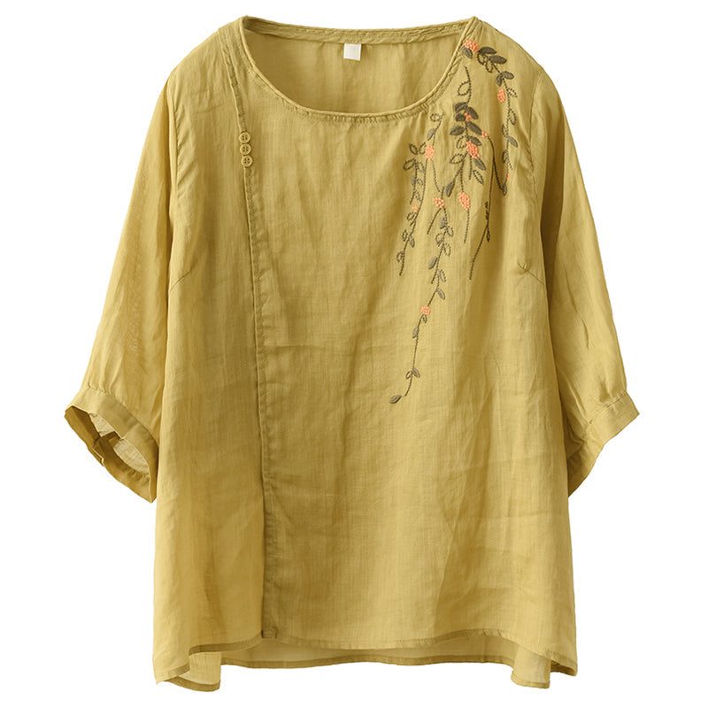 Frauen-sommer-retro Blumenstickerei-loses Lien-t-shirt
