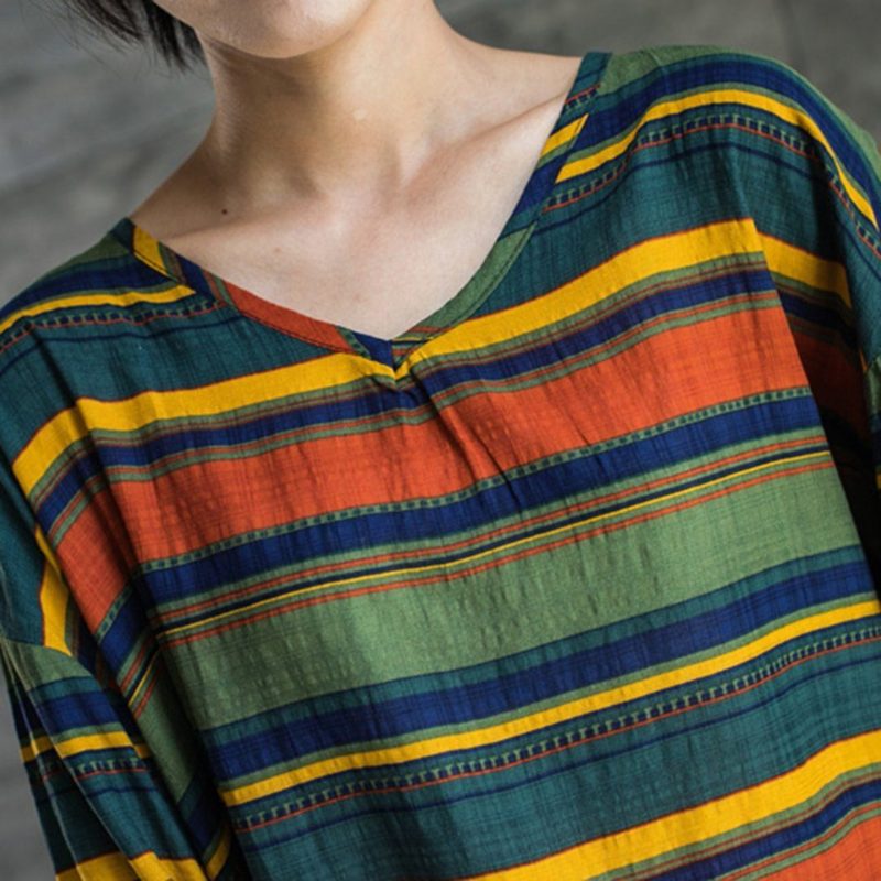 Lässige Lockere T-shirt-bluse Mit V-ausschnitt Und Streifen Unten Mit Kordelzug