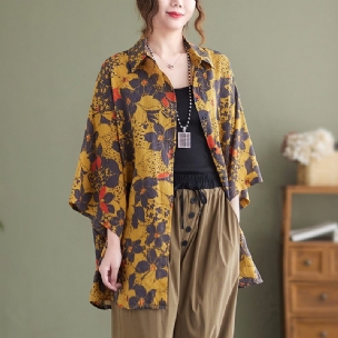 Lange Bluse Aus Gelbem Baumwoll-leinen-retro-blumenmuster Für Damen