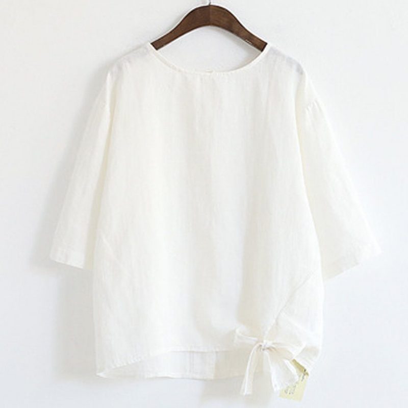 Legere Bluse Aus Festem Baumwoll-leinen-knoten Vorne