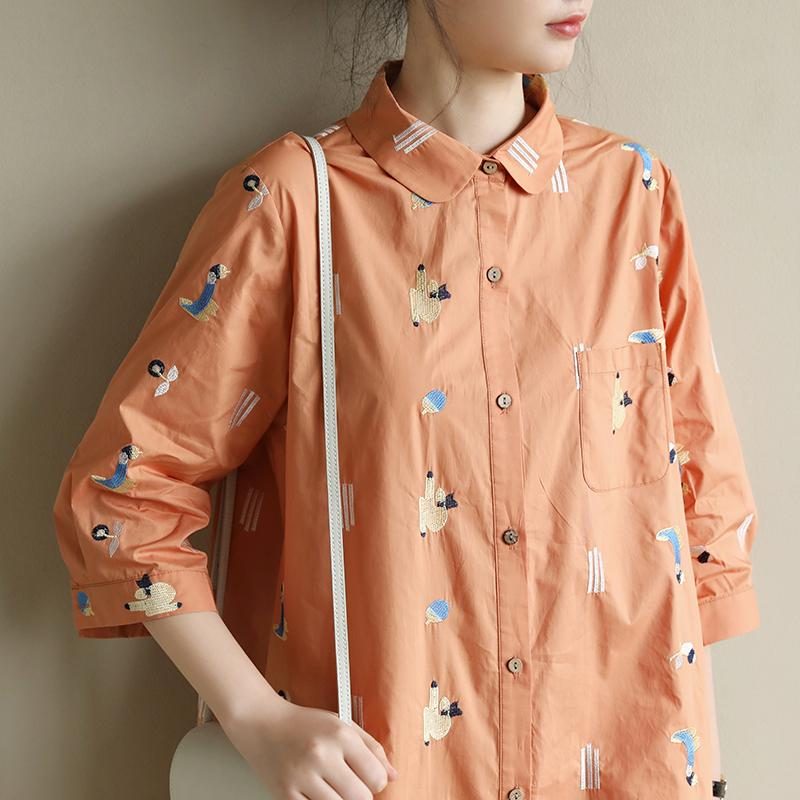 Lockeres Lässiges Orangefarbenes Mittellanges Hemdkleid Mit Stickerei