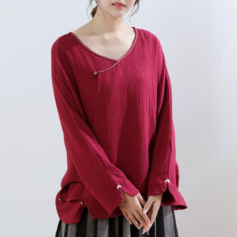Lose Bluse Mit Bestickter Lässiger Knopfleiste Vorne