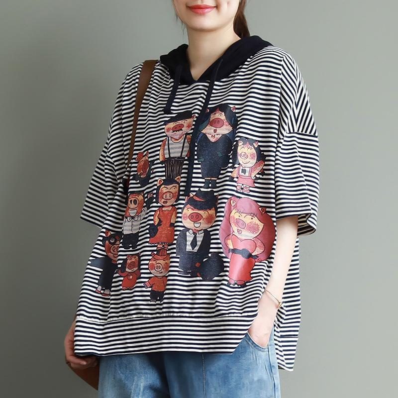 Lose Kapuzenbluse Mit Halben Ärmeln Und Cartoon-print