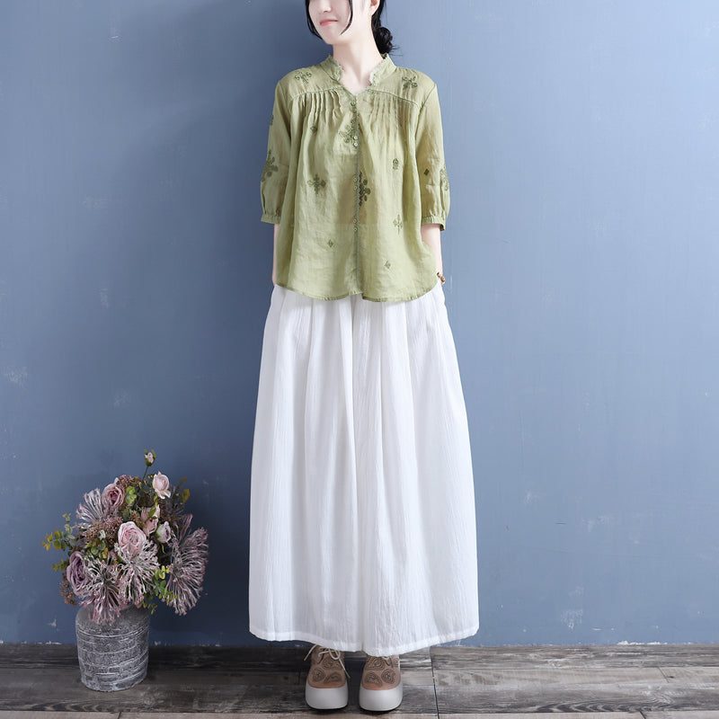 Lose Sommer-leinen-spitzenbluse Mit Floraler Stickerei