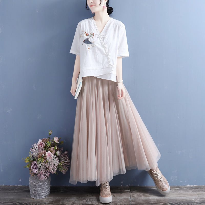 Lose Sommer-vintage-stickerei-baumwoll-leinen-bluse