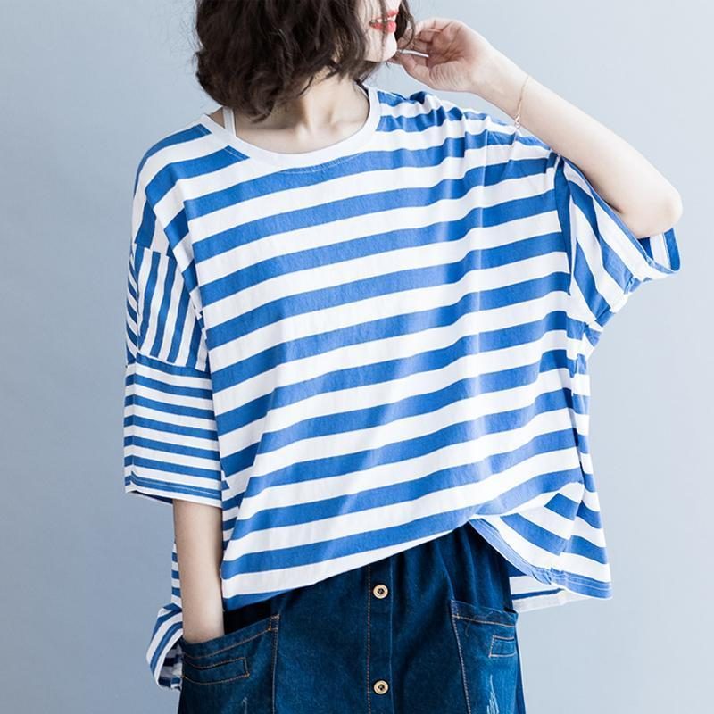 Loses T-shirt Mit Lockeren Streifen Aus Baumwolle Für Damen